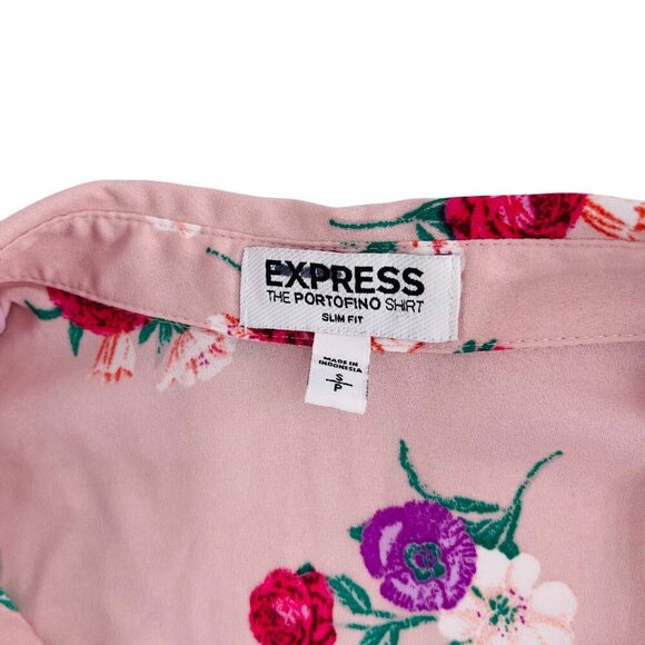 Express Womens Floral Portofino Shirt Slim Fit Pink Polyester Size S - Picture 2 of 6